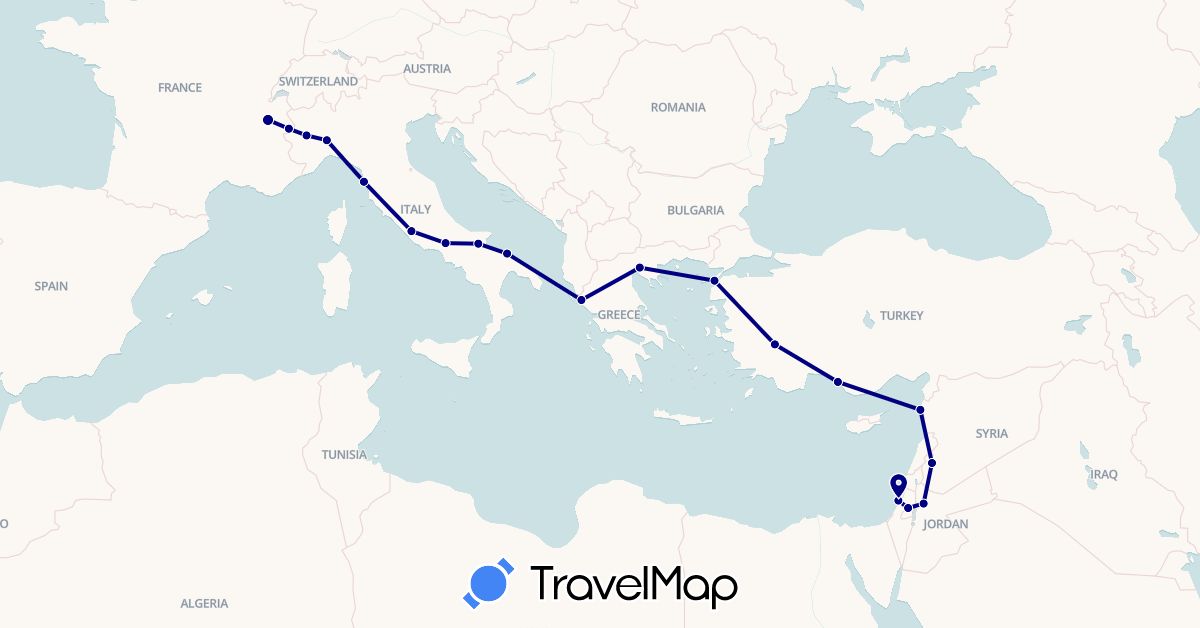 TravelMap itinerary: driving in France, Greece, Israel, Italy, Jordan, Syria, Turkey (Asia, Europe)