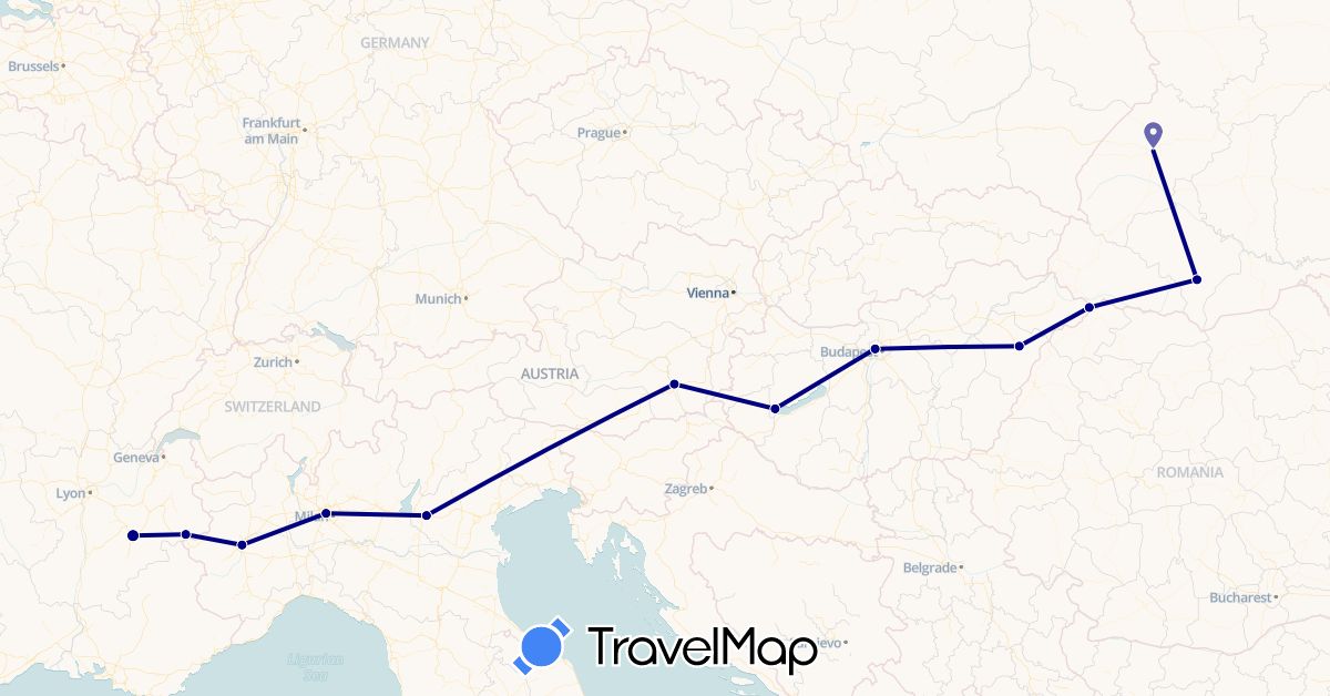 TravelMap itinerary: driving in Austria, France, Hungary, Italy, Ukraine (Europe)